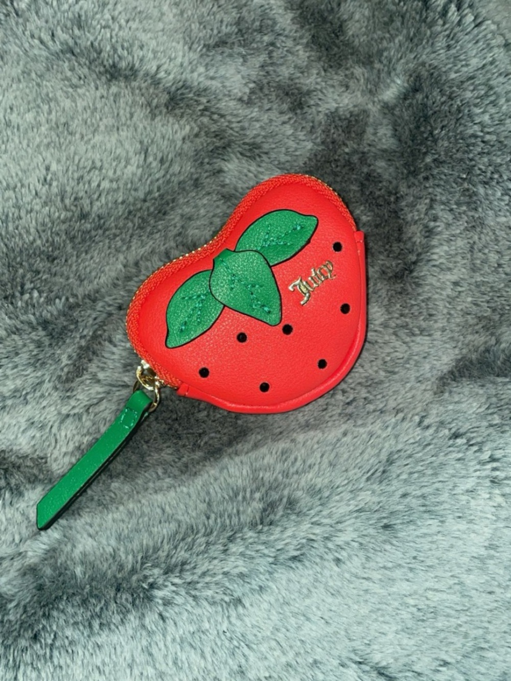 Juicy Couture Red Strawberry Coin Purse with Green Leaf Accent